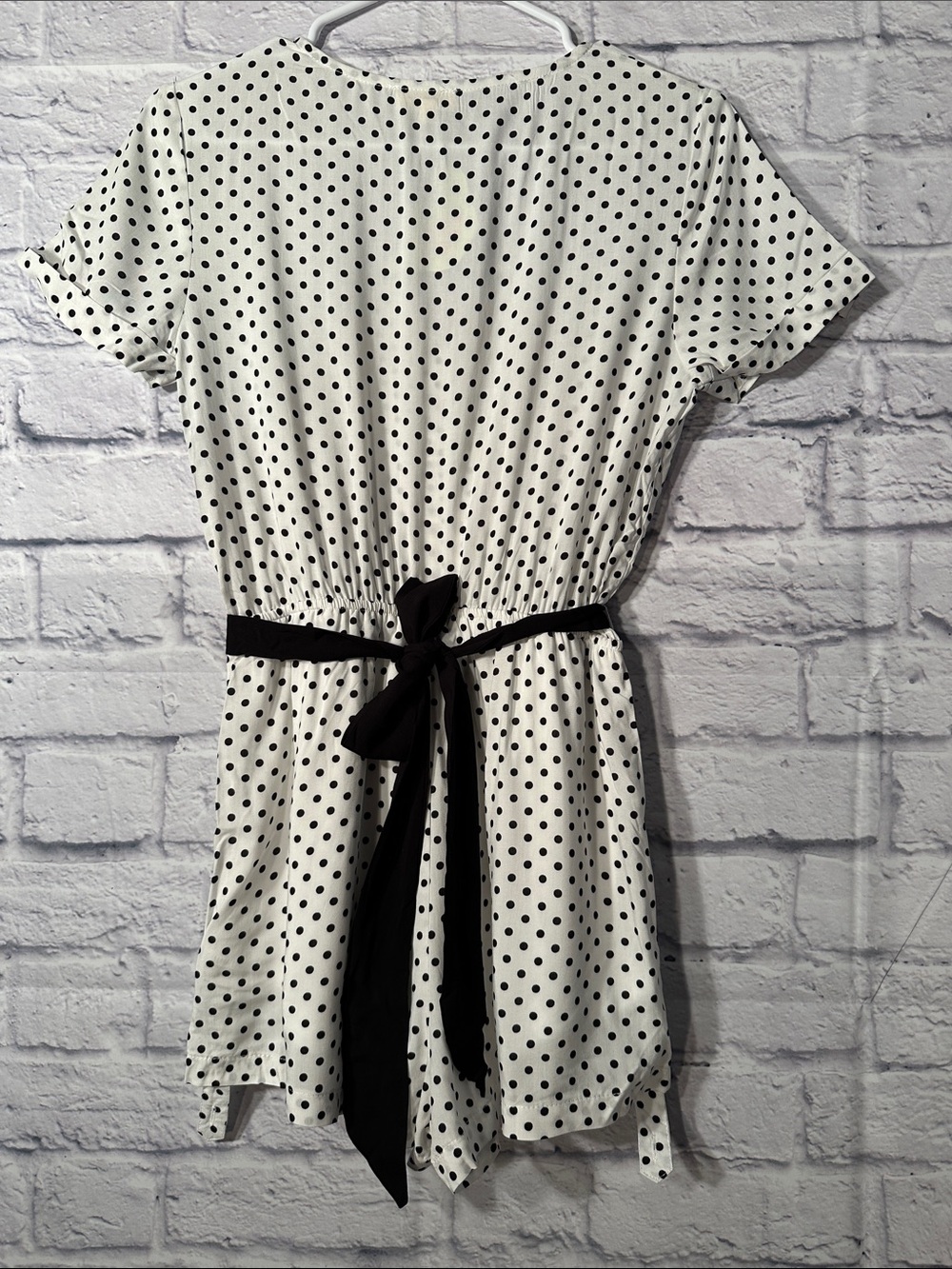 Polka Dot V-Neck Short Sleeve Romper with Black Waistband - White/Black - Picture 2 of 14